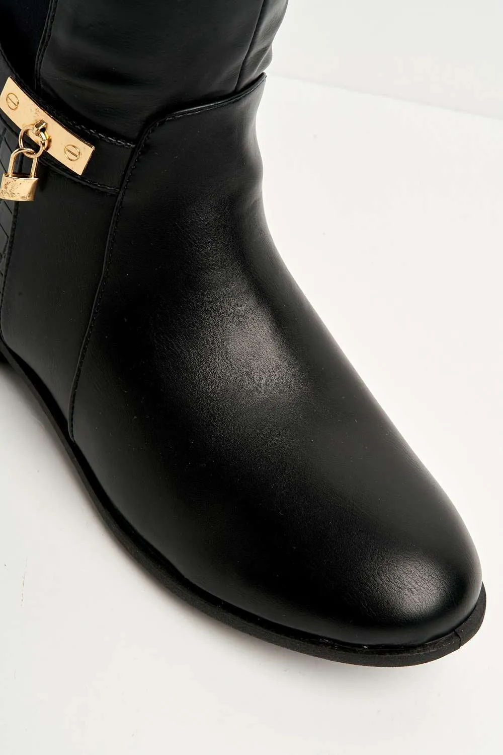 Black Matte Daphine Knee-High Boots with Lock Detail
