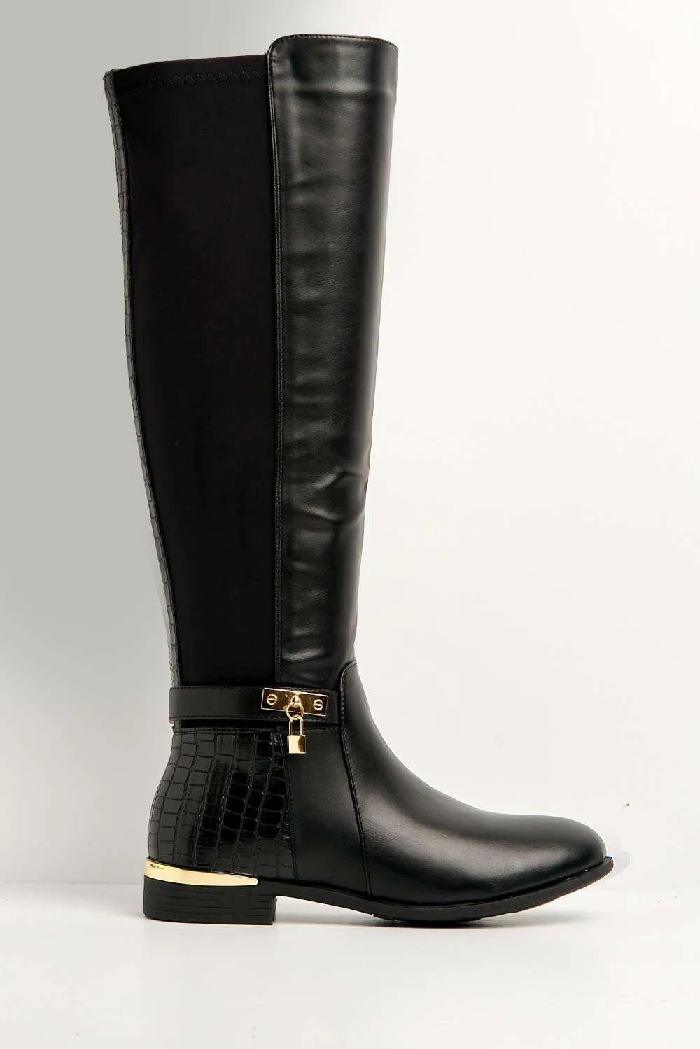 Black Matte Daphine Knee-High Boots with Lock Detail