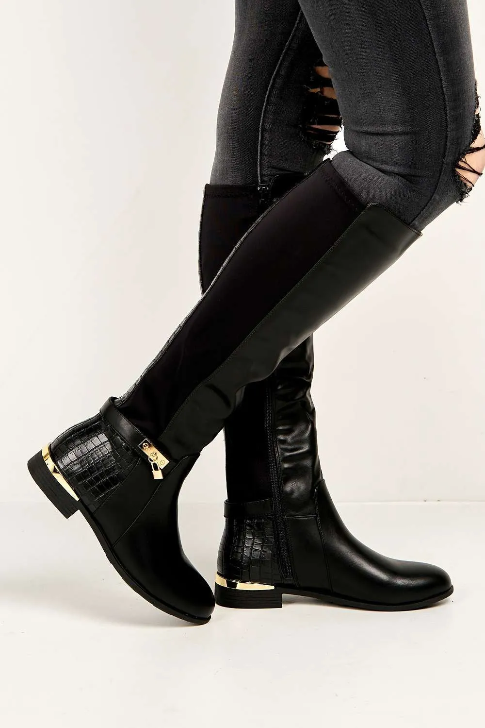 Black Matte Daphine Knee-High Boots with Lock Detail