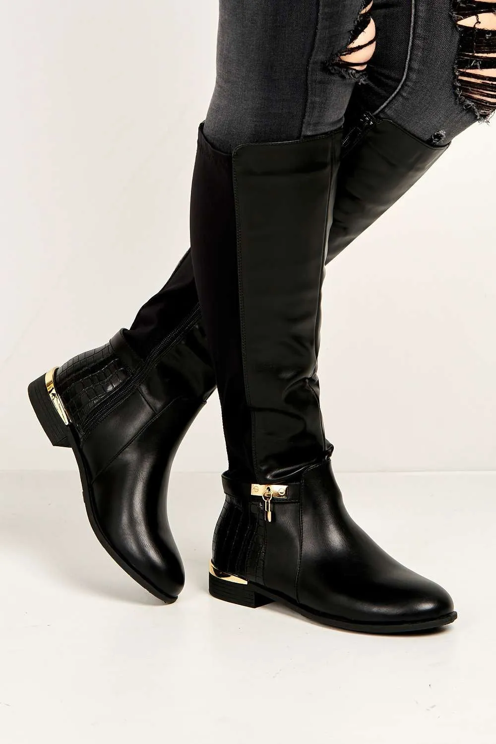 Black Matte Daphine Knee-High Boots with Lock Detail