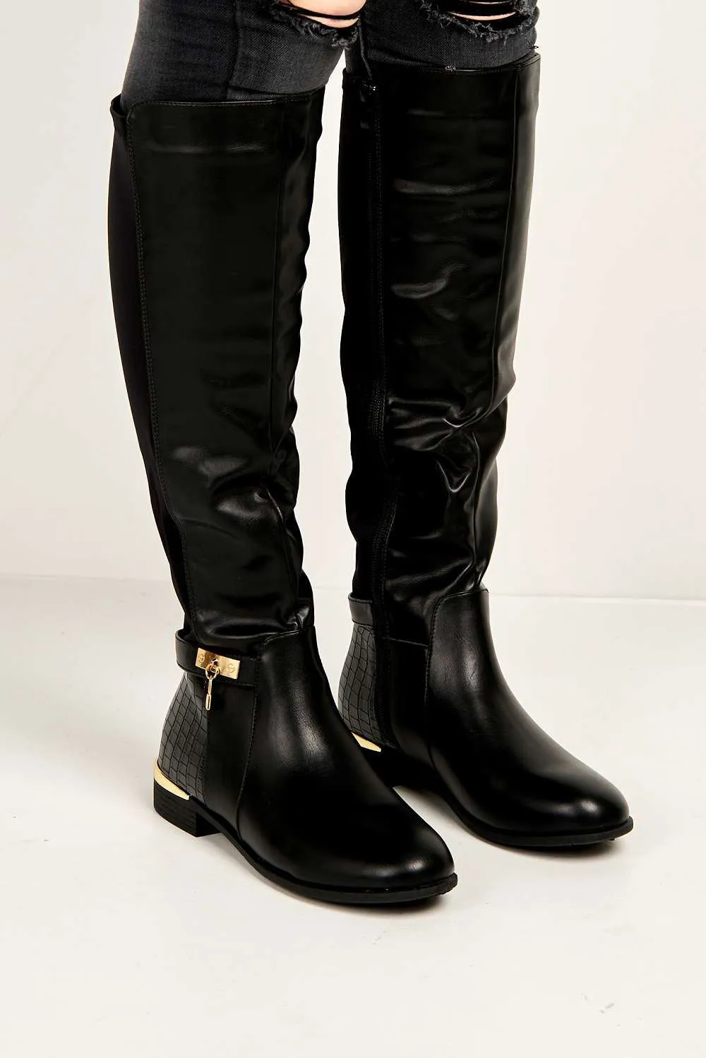 Black Matte Daphine Knee-High Boots with Lock Detail