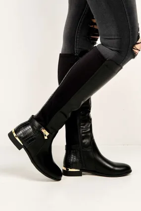Black Matte Daphine Knee-High Boots with Lock Detail
